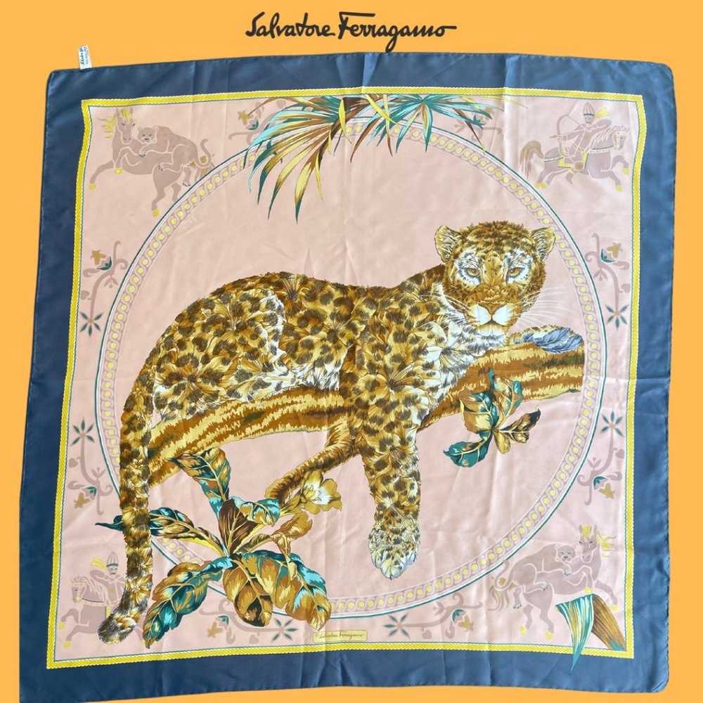 Authentic Salvatore Ferragamo 100% Silk Scarf Leopard Animal Print Excellent Con